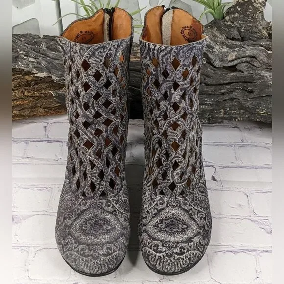 John Fluevog Bellevue DeVere Black Paisley Diamond Perforated Boot